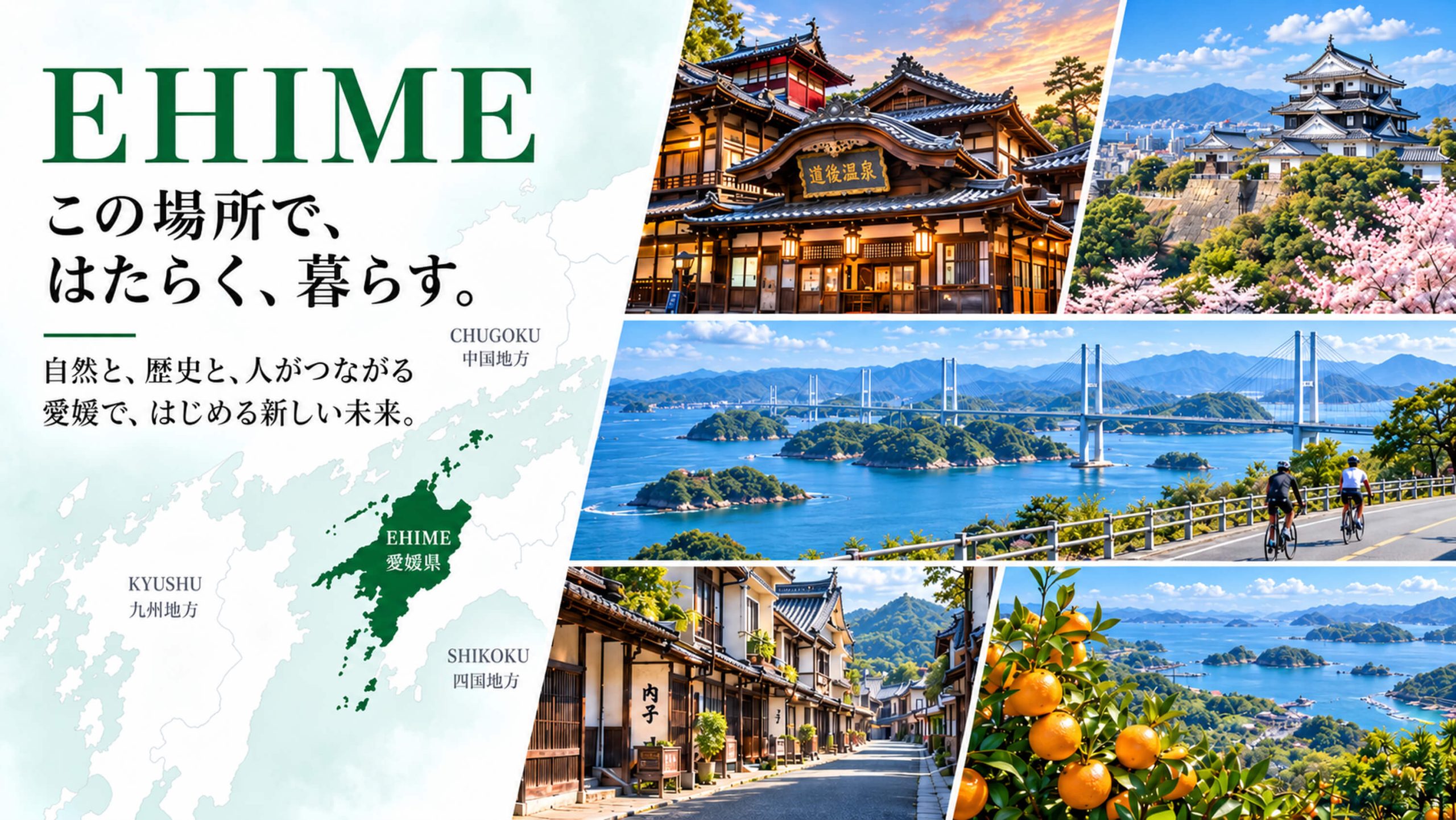 写真と図:EHIME この場所で、はたらく、暮らす。愛媛県の位置を示す地図と、道後温泉・松山城・しまなみ海道・内子の町並み・みかん畑の風景